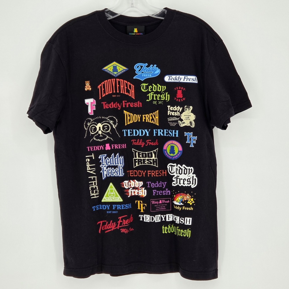 Teddy Fresh Men Adult Small Black Multi Logo Graphic Print T Shirt Short Sleeve‎